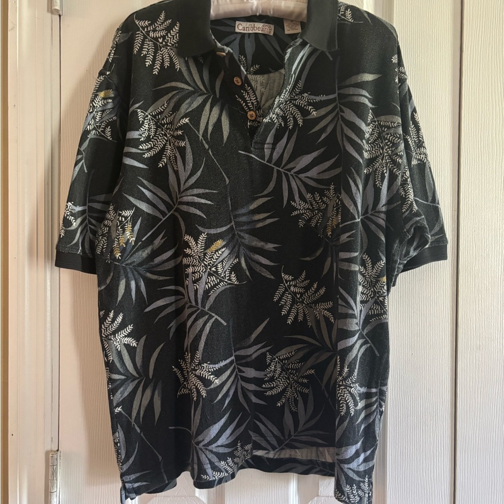 Caribbean Blue Polo with Gray and Cream Leaf Print